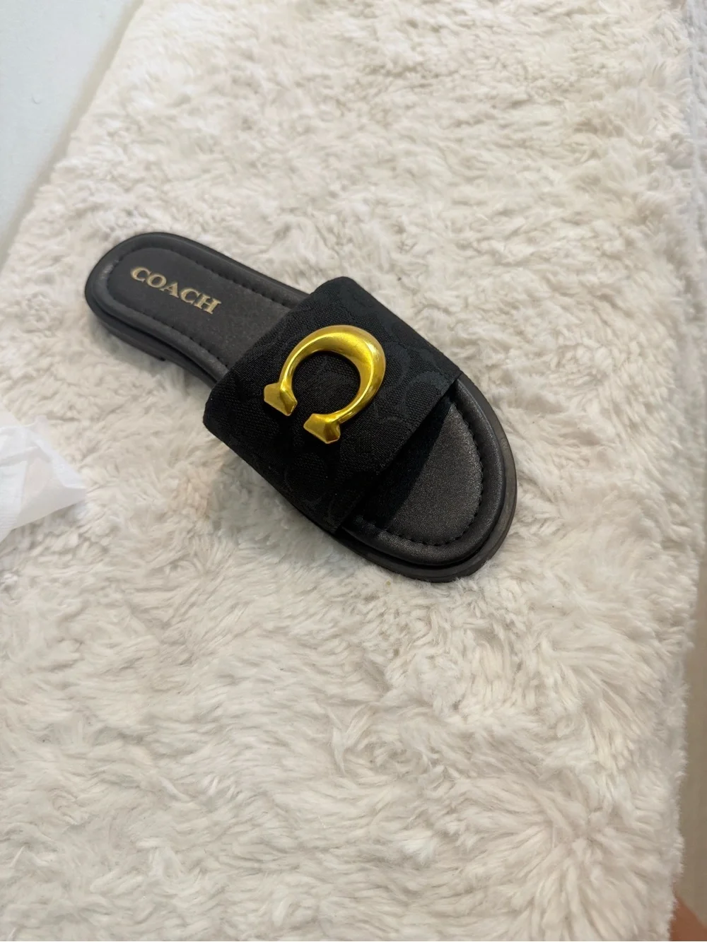 Coach Black Slide Sandal with Gold Horsebit Accent